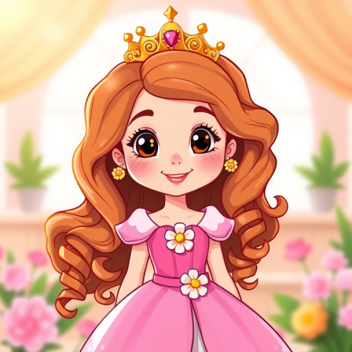 Create a vibrant illustration of a cartoon princess with long curly hair and a gold crown, wearing a pink dress with a flower belt, captured in a bright, cheerful setting with a soft-focus background to enhance depth, using a digital tablet and stylus for a smooth finish, at a high resolution of 300 DPI.
