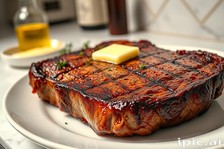 Create an image of a perfectly seared ribeye steak, resting on a white plate with a pat of melting butter on top. The steak is seasoned with fresh herbs like thyme and parsley, with glistening juices highlighting the texture of the meat. The background features a soft focus on a light, marble countertop, with a small dish of butter and an olive oil bottle in the distance. The overall mood should be warm and inviting, capturing the deliciousness and juiciness of the steak.