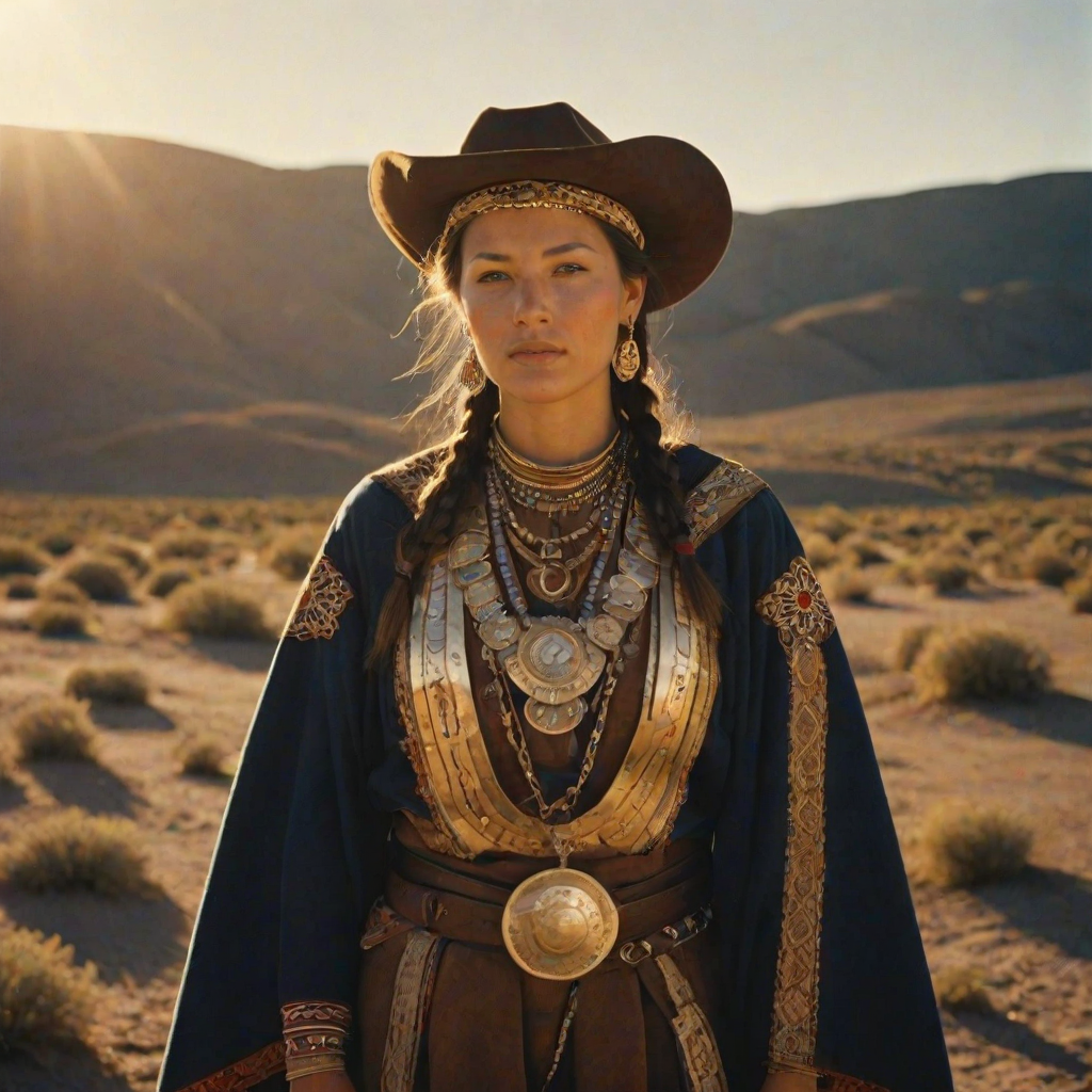 Dramatic photo of a beautiful Sami woman, classic cowboy attire, confident and free spirit expression, half-length portrait, centered, golden hour desert landscape, warm, diffused light, low angle, medium format film camera, in style of Annie Leibovitz.