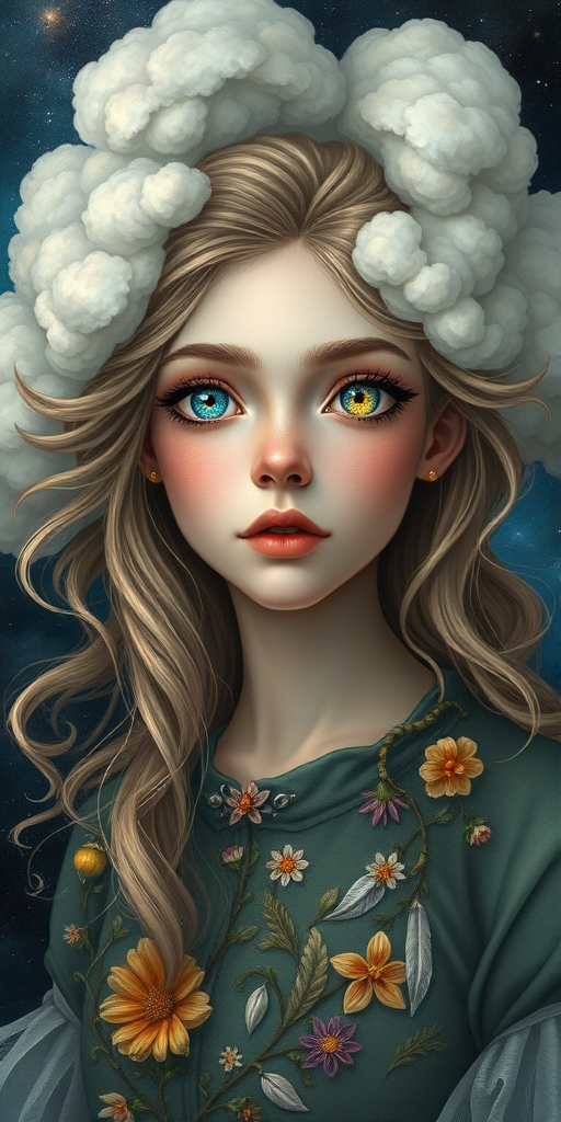 Create a series of imaginative portraits where each subject is infused with elements of fantasy and nature. The hair of the individuals should flow like clouds, varying from soft, fluffy cumulus to wispy cirrus strands, with hints of color reflecting a sunset or a clear blue sky. The eyes should be windows to entire galaxies, with stars, nebulae, and distant planets visible within them. Clothing should be adorned with nature motifs, such as floral patterns that bloom and change, vines that seem to grow and wrap around, or feathers that shimmer with iridescence. Each portrait should capture a unique personality, blending human features with the ethereal beauty of the natural and cosmic world. The backgrounds can vary, from starry night skies to enchanted forests, adding depth and context to the magical realism of the portraits