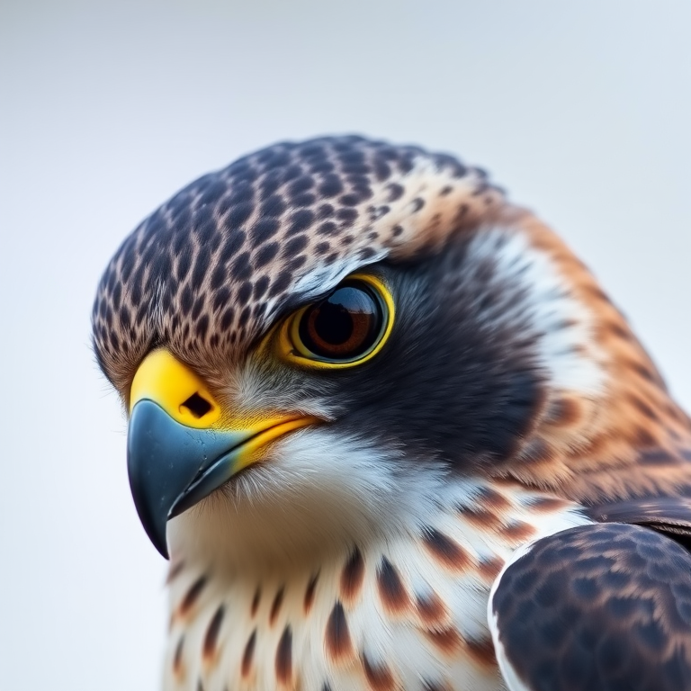 Capture a close-up shot of a falcon with a sharp focus on the eye and feathers, using a DSLR camera, ISO 100, aperture f/4, shutter speed 1/500s, in natural light with a shallow depth of field.