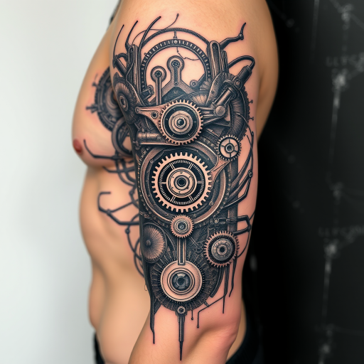 Biomechanical tattoo named "Cybernetic Symphony" depicting intricate gears, pistons, and circuitry seamlessly integrated with human anatomy, creating the illusion of a mechanical inner workings beneath the skin, with hyper-realistic shading and metallic highlights to enhance the three-dimensional effect, ideal for sci-fi fans and technology enthusiasts.