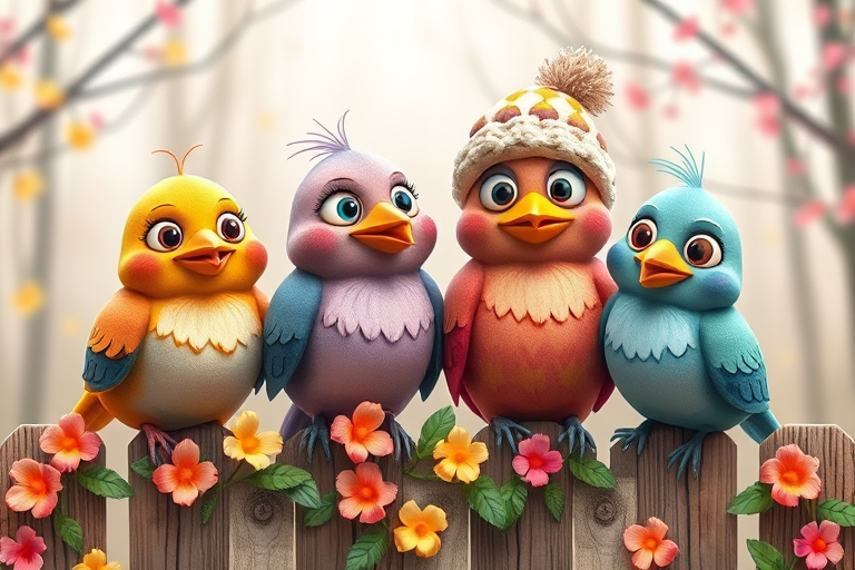 create a scene of 4 quirky  whimsical colourful comical birds each with a funny expression. they are sat on a wooden fence with colourful flowers. they are all different sizes. each one is a different colour  one is wearing a woolly hat. Each one has a different quirky google expression and there is a muted background of trees watercolour paintierly style high definition 8k resolution 3D paper mache