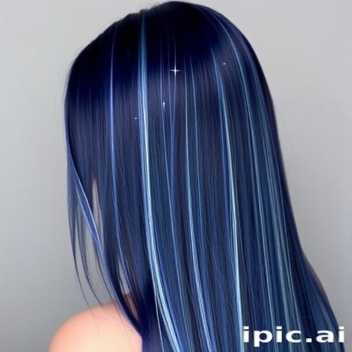 Midnight blue waist-length straight hair with silver streaks resembling shooting stars, named "Celestial Dream" look, showcasing a sleek and glossy finish