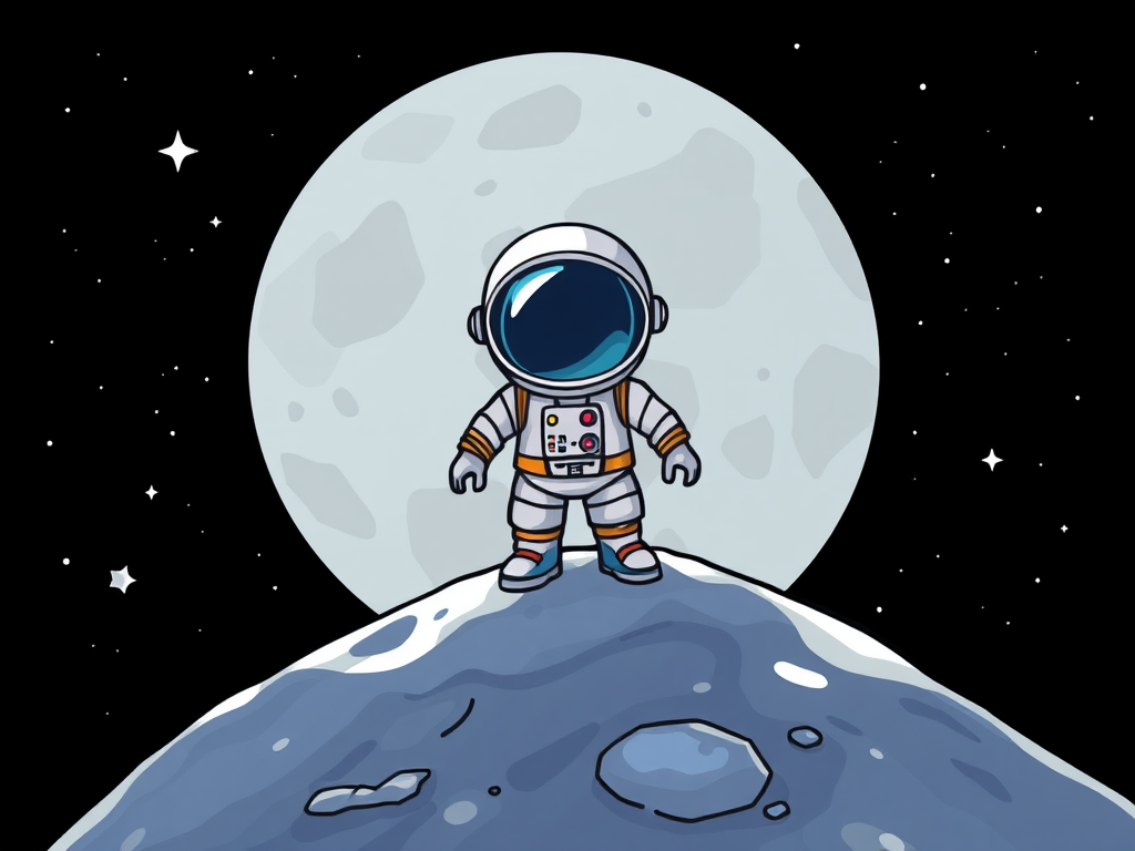 Create a high-resolution illustration of a cartoon astronaut standing on the moon with a black starry background, using a digital drawing tablet, with a focus on vivid colors and crisp lines, and ensure the composition is centered and well-balanced.