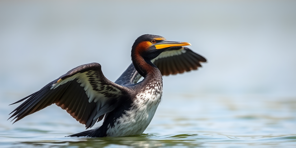 Regenerate the image of a cormorant with its wings spread, captured in sharp detail with a Canon EOS R5 camera, 85mm lens at f/1.8, ISO 100, shutter speed 1/2000s, in natural light with a blurred background to enhance focus on the bird.