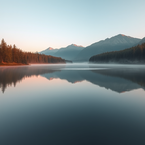 Create a serene landscape scene featuring a calm lake surrounded by lush trees and distant mountains, capture in soft pastel colors with a misty atmosphere, using a DSLR camera with a 35mm lens at f/8, ISO 100, with a wide-angle view to enhance depth and sharpness.