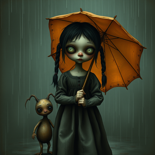 An eerie, weird little girl with dark hair in thin pigtails, wearing a smock dress, standing in the rain, holding a dirty orange umbrella, a small, odd creature beside her. In a surreal style inspired by Nicoletta Ceccoli and Brian Froud. Dark fantasy themes