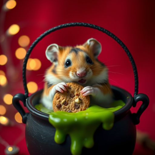 Capture a hamster holding a cookie inside a black cauldron with green slime, surrounded by soft glowing fairy lights on a deep red background, shoot with a DSLR camera at f/2.8 aperture, ISO 200, 50mm lens, and a shallow depth of field for a creamy bokeh effect.