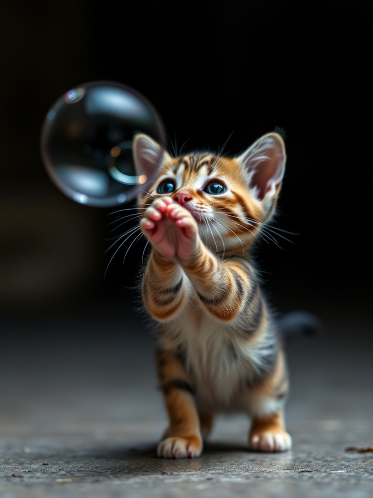 A playful kitten reaching for a bubble in a dark setting, sharp focus on the kitten, soft background blur, natural lighting, ISO 100, f/2.8, 1/200 sec shutter speed, macro lens, DSLR camera.
