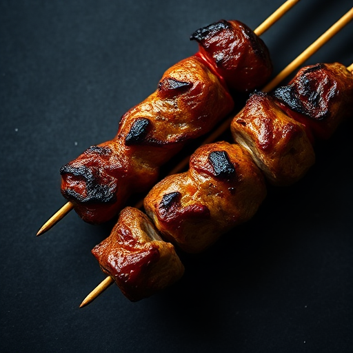 high-quality image of grilled meat skewers on a dark background, low light photography, macro lens, aperture f/2.8, ISO 400, shutter speed 1/60s, top-down view, studio lighting