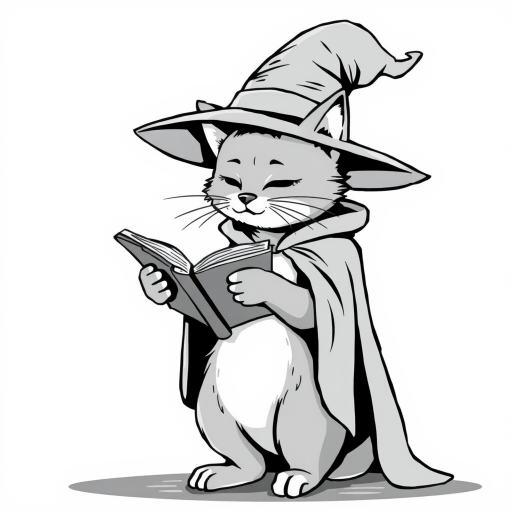 A grayscale illustration of a cat wearing a witch's hat and cloak. The cat is standing on its hind legs and is holding a spellbook in its paws and reading it intently. The hat is tall and pointed, with a wide brim and a pointed top. The cloak is draped over the cat's body, covering its body. The background is plain white, making the cat and the book the focal point of the image.