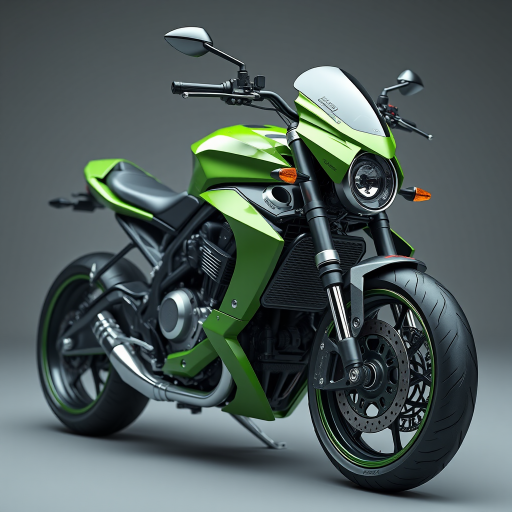 highly detailed 3D render of a futuristic motorcycle with intricate mechanical components and a green color scheme, soft studio lighting, 50mm lens, f/2.8 aperture, ISO 200, shot at eye level, using a DSLR camera