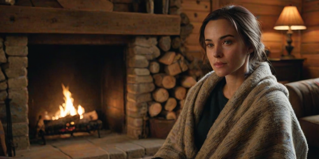 Woman sitting by a fireplace in a rustic lodge, a blanket draped over her shoulders, with the crackle of wood burning and the warmth of the fire filling the room.