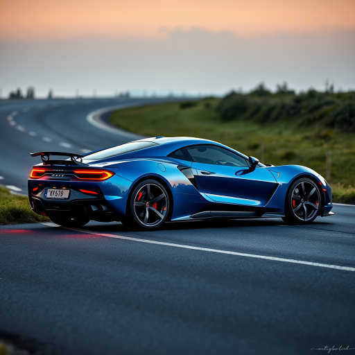 Generate an image of a luxury sports car parked on the side of a road during what appears to be dawn or dusk, given the soft light and shadows. The car should have a sleek design with aerodynamic features, a low-profile stance, and large, alloy wheels. It should display a contemporary color scheme, possibly a unique shade of blue that matches well with the ambient light in the setting. The vehicle's bodywork should gleam, reflecting the surrounding environment, and it should have distinctive lighting accents that enhance its sporty appearance. In the background, there should be a roadside with a grassy embankment on one side and possibly some trees or shrubbery along the edge of the pavement. The overall mood of the image should convey a sense of luxury, speed, and the tranquility of an early morning or late evening drive.