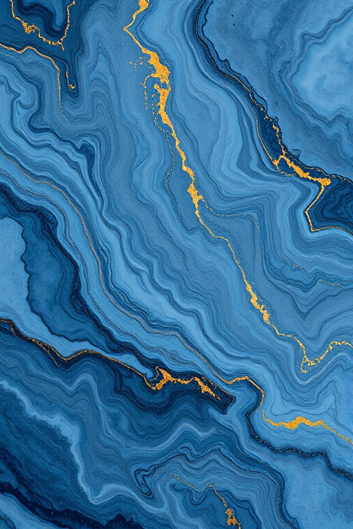 Create a high-resolution abstract image of fluid marble textures in shades of blue and gray with gold accents, using a Canon EOS R5 with a 50mm f/1.2 lens, aperture set to f/8, ISO 100, and in natural soft lighting.