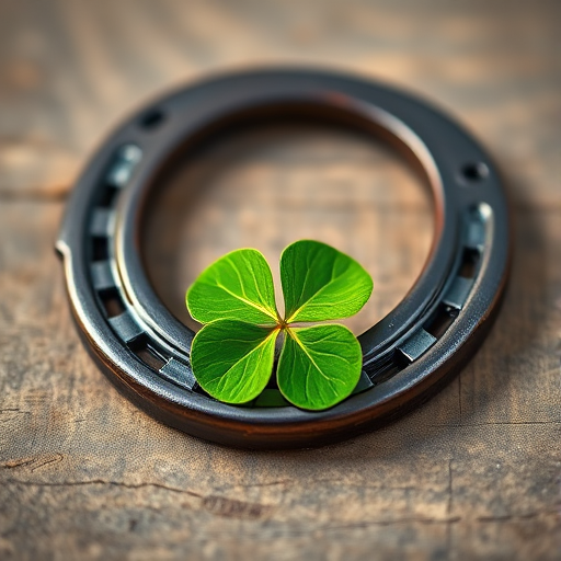 Macro shot of a horseshoe with a four-leaf clover on a wooden surface, natural lighting, aperture f/2.8, ISO 100, 50mm lens, shallow depth of field, DSLR camera.
