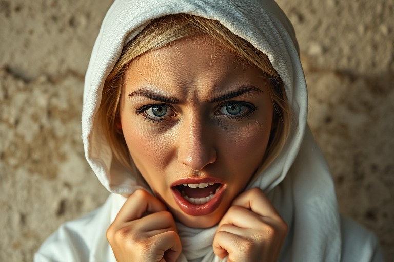 Create a close-up photographic image of a Assyrian woman with light skin tones shown against an old, worn wall. Their head is wrapped in a white cloth covering (i.e.... parts of the head except the nose and mouth, which are open as if they are screaming...), with a slight texture and visible folds in the fabric. Thin strands of blonde hair escape from the wrapping above, falling lightly at the top and sides. Their hands hold the fabric as if they are tugging nervously. The lighting is dramatic and even, casting strong shadows. The image has a minimalist and surreal style with an emphasis on simplicity with soft color tones. The composition is centered.