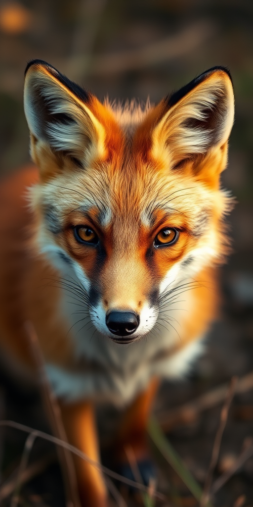 Create a high-resolution digital illustration of a fox in a natural setting, focus on detailed fur texture and expressive eyes, using a Canon EOS R5 camera, 50mm lens, f/1.8 aperture, ISO 100, with a shallow depth of field to blur the background and highlight the fox.