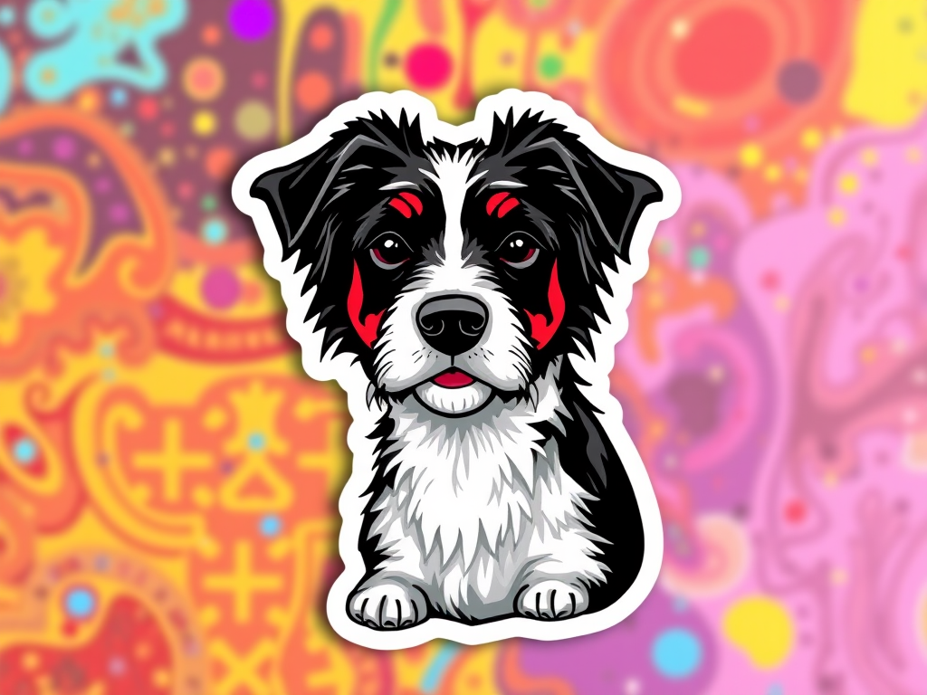 imagine sticker, 3D black and white rottle dog breed, colorful background