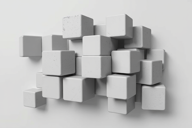 Create a 3D geometric design featuring a series of interlocking cubes in varying shades of gray, shot with a DSLR camera at f/8 aperture, 50mm lens, ISO 100, 1/125s shutter speed, with a soft focus background to enhance the depth and details of the shapes.