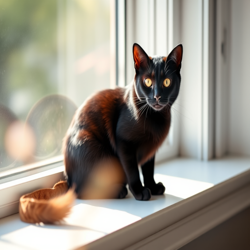 Generate a high-resolution image of a sleek black cat sitting elegantly on a windowsill with soft morning light illuminating its fur, captured with a Canon EOS R5, 50mm lens, f/1.8 aperture, ISO 100, in natural light for a soft bokeh effect.