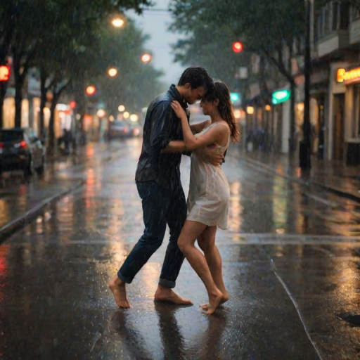 Blurry, candid shot of a couple dancing barefoot in the rain, soft raindrops falling around them, their wet clothes clinging to their skin, distant streetlights casting a warm glow on the slick pavement.