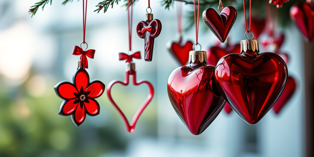 Capture a close-up shot of red glass ornaments shaped like flowers and hearts hanging by a window, use a shallow depth of field, aperture f/2.8, ISO 100, 50mm lens, soft natural light.
