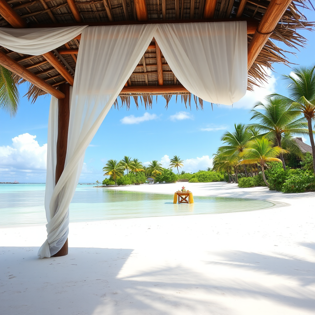 Create a picturesque tropical beach scene featuring a serene, white sandy shore. In the foreground, there's a rustic wooden canopy with white drapes gently flowing in the breeze. Underneath the canopy, a table is set with tropical decor, evoking a sense of relaxation and leisure. The beach extends into a calm, shallow water area with reflections of the sky and surroundings. Palm trees and lush greenery line the edge of the beach, providing a natural, tropical backdrop. The sky is clear with a few scattered clouds, and the overall atmosphere is tranquil and inviting, perfect for a peaceful retreat.