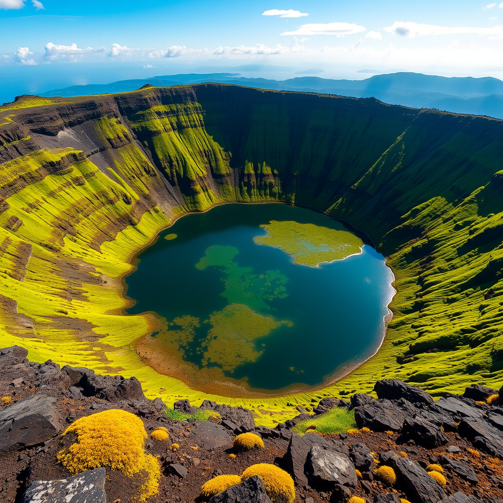 Capture a wide-angle view of a volcanic crater lake with vibrant green moss and rocky edges, using a Canon EOS 5D Mark IV, f/8 aperture, 1/125 sec shutter speed, ISO 100, in natural light to enhance color vibrancy and detail.