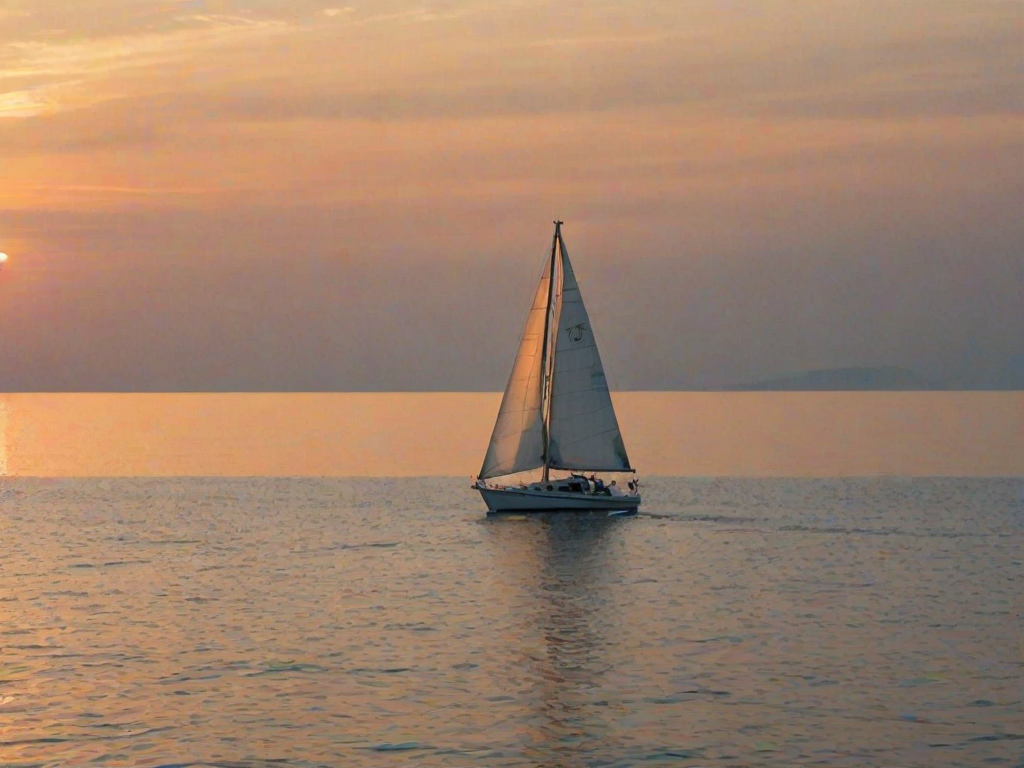 Sharp, high-resolution image of a sailboat gliding through calm waters at sunset, the golden light reflecting off the ocean surface, distant islands barely visible on the horizon, a soft breeze filling the sails, a sense of peace and tranquility captured.