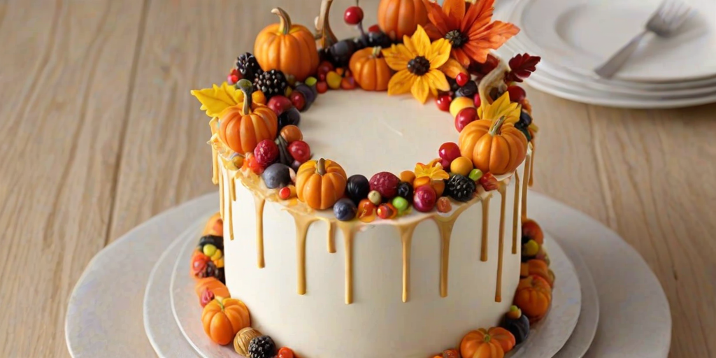 Create an image of a beautifully decorated cake featuring autumn-themed ornaments. The cake should have a smooth white frosting and be adorned with vibrant orange and red flowers, small pumpkins, and colorful autumn leaves. Incorporate details like berries and intricate sugar decorations to enhance the seasonal theme. The overall look should be festive and inviting, perfect for a fall celebration.
