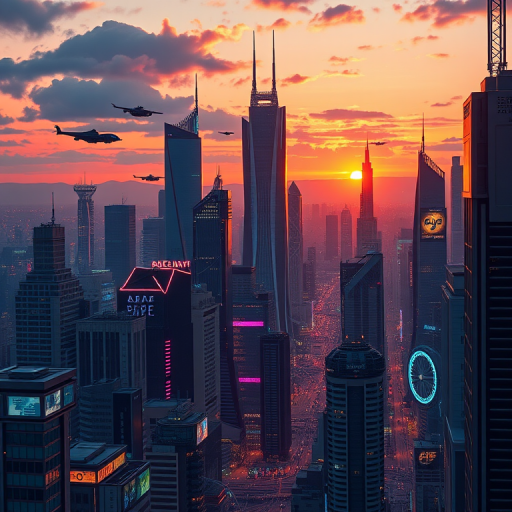 Generate a highly detailed illustration of a futuristic city skyline at sunset, featuring sleek skyscrapers, flying vehicles, and vibrant neon lights, captured with a Canon EOS R5, 35mm lens, f/1.4 aperture, ISO 100, with a wide-angle perspective to emphasize depth and scale.