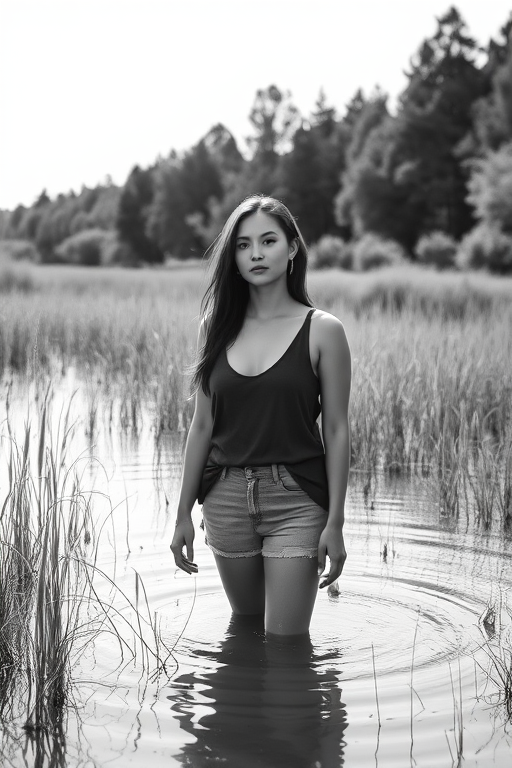 portrait of a woman standing in shallow water surrounded by tall grass and trees in a serene landscape, captured in black and white, using a Canon EOS R5 camera with a 50mm lens, f/1.8 aperture, ISO 100, shutter speed 1/200 sec, soft natural lighting, focus on the subject with shallow depth of field