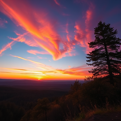 Create a high-resolution image of a scenic landscape during sunset with vibrant colors, using a DSLR camera at f/8 aperture, ISO 100, 24mm focal length, and a natural HDR style to enhance details and contrast.