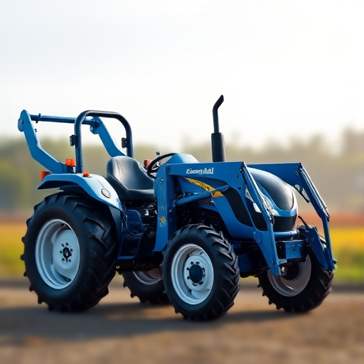Create a high-resolution illustration of a blue tractor with a front loader and backhoe, captured in a side view using a DSLR camera with a 50mm lens at f/2.8, ISO 100, and a shallow depth of field to emphasize the tractor against a blurred background.