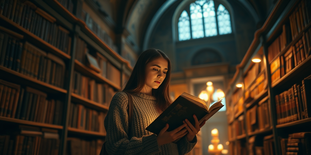 A mysterious library filled with ancient books and magical light, a woman in a gray sweater reading an illuminated book, soft warm lighting, shallow depth of field, taken with a Canon EOS R5, 50mm lens at f/1.8, ISO 200, low angle view, cinematic style.
