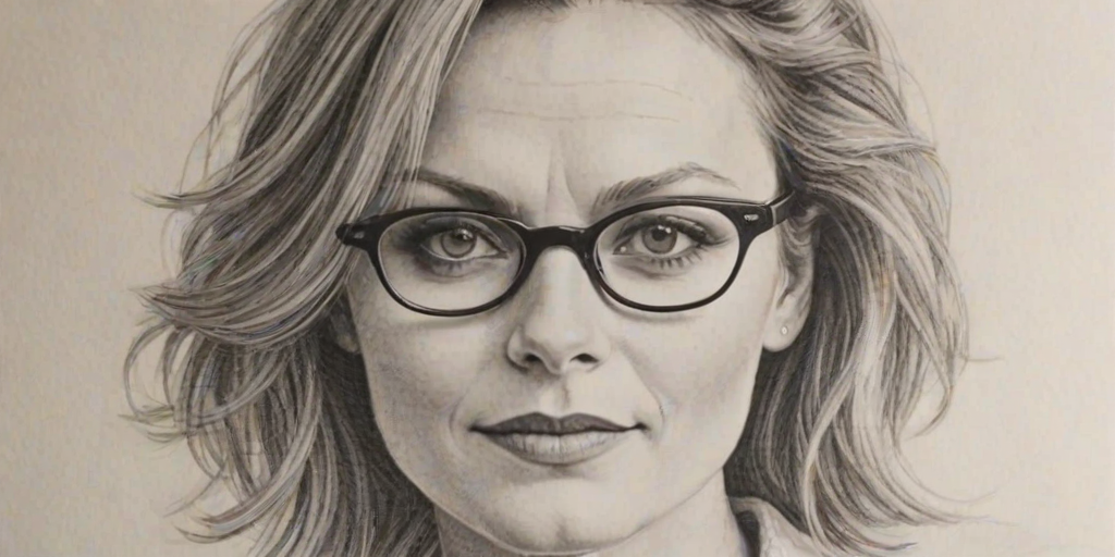 Charming Geri Halliwell, pencil sketch, portrait of Resplendent woman 1924s in glasses, hair style beatnik, outline, clear lines, fine lines, 8k
