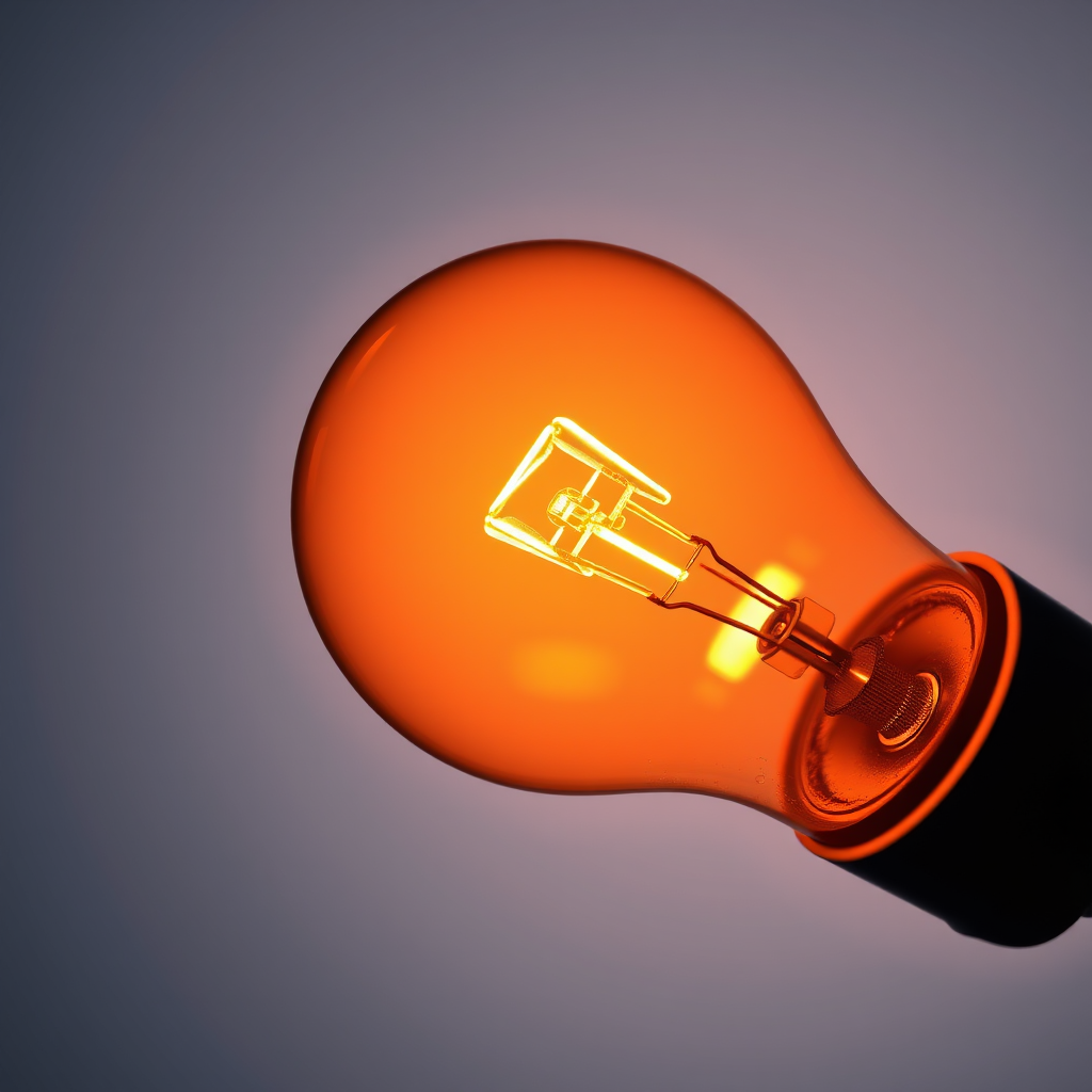 Create a highly detailed illustration of a glowing orange light bulb with intricate filament visible, captured from a slight low angle, using a DSLR camera with an aperture of f/2.8, shutter speed of 1/60 second, ISO 100, and a soft-focus background to enhance depth.