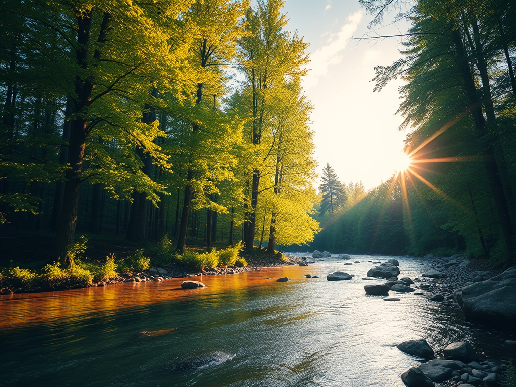Create an image of a serene, sunlit forest scene with a clear, gently flowing river. Tall trees with lush green foliage line both sides of the river, their leaves bathed in the warm golden light of the setting or rising sun. The sunlight filters through the trees, casting soft, dappled light on the river, which flows over smooth rocks and pebbles, creating a peaceful, natural atmosphere. The sky is bright with a few scattered clouds, and the overall mood is tranquil, evoking a deep sense of connection with nature. The image captures the beauty of a calm, pristine forest landscape at either dawn or dusk.
