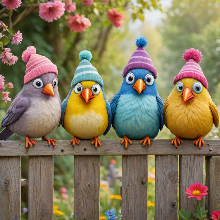 create a scene of 4 quirky  whimsical colourful comical birds each with a funny expression. they are sat on a wooden fence with colourful flowers. they are all different sizes. each one is a different colour  one is wearing a woolly hat. Each one has a different quirky google expression and there is a muted background of trees watercolour paintierly style high definition 8k resolution 3D paper mache