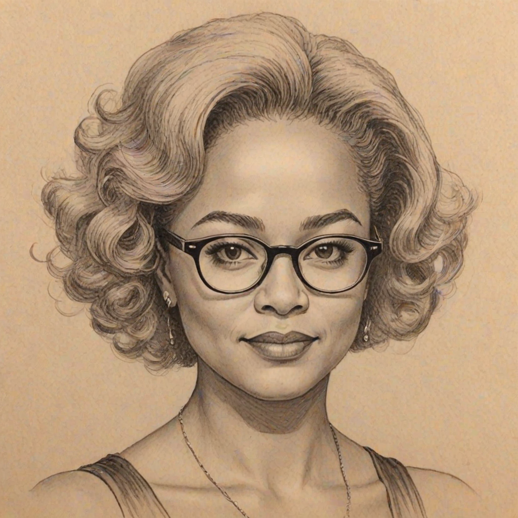 Lovely Kim Fields, pencil sketch, portrait of Beauteous woman 1927s in glasses, hair style beatnik, outline, clear lines, fine lines, 8k