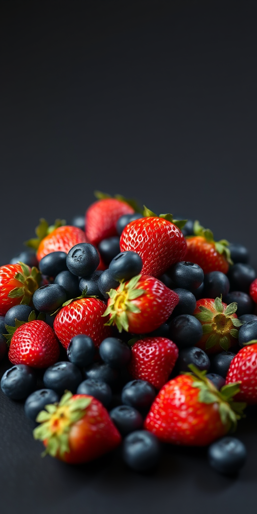 arrange a pile of strawberries and blueberries on a black background with soft natural lighting, use a DSLR camera, 50mm lens, aperture f/2.8, ISO 100, shutter speed 1/125s, low angle view to emphasize texture and color pop