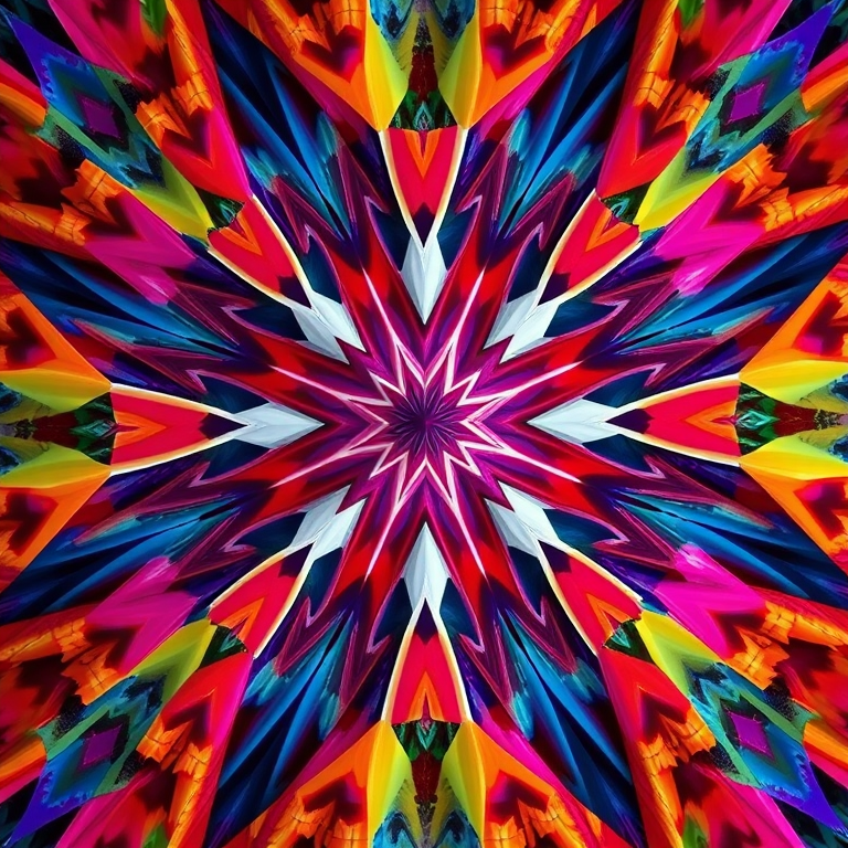 Create a high-resolution image of an abstract geometric pattern with vivid colors, using a DSLR camera at f/8 aperture, ISO 100, 1/125 second shutter speed, top-down view, and enhanced contrast and saturation.