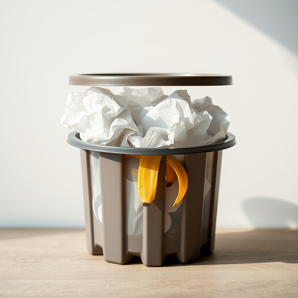 Generate a high-resolution image of a plastic trash can filled with crumpled papers and a banana peel, captured with a Canon EOS R5 camera at f/8 aperture, ISO 100, and a focal length of 50mm, using natural lighting and a shallow depth of field for emphasis.