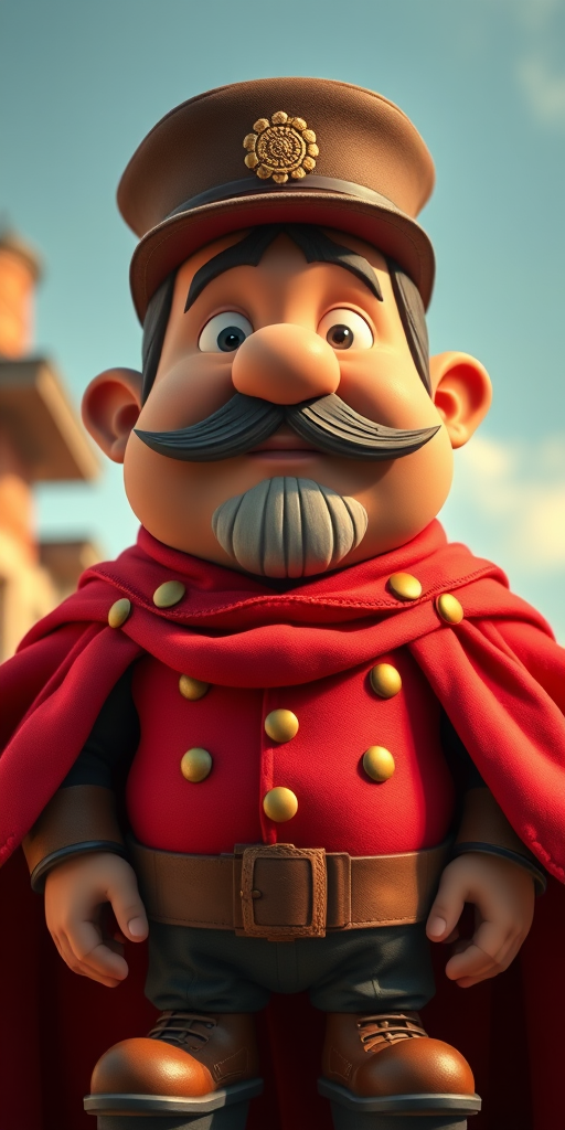 Create a cartoon character in a vintage style resembling a large man wearing a red cape and a hat, front view, captured with a DSLR camera at f/2.8 aperture, 50mm lens, natural lighting, vibrant colors.