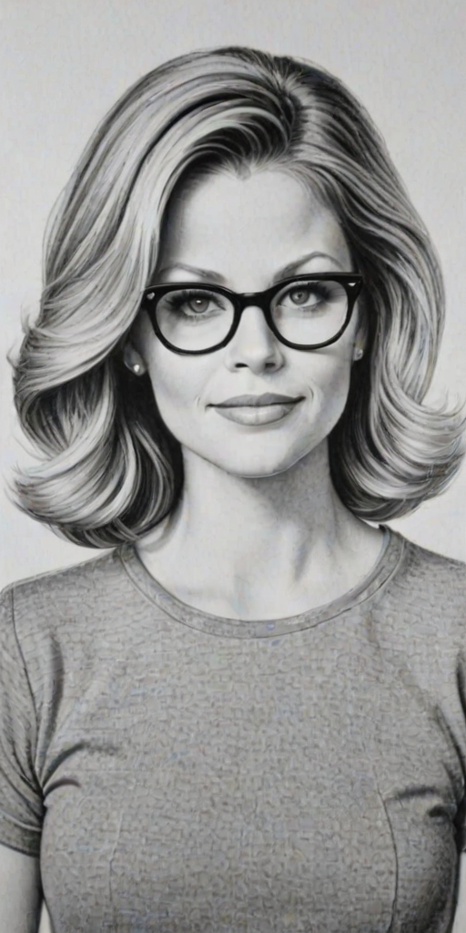 Delightful Candace Cameron Bure, pencil sketch, portrait of Wonderful woman 1953s in glasses, hair style beatnik, outline, clear lines, fine lines, 8k