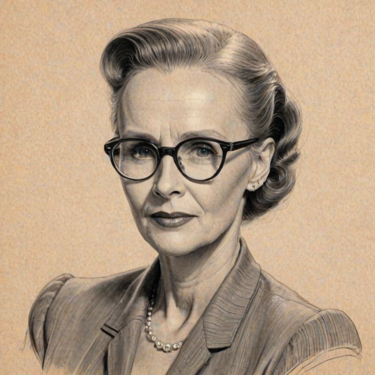 Graceful Jessica Tandy, pencil sketch, portrait of Exquisite woman 1948s in glasses, hair style beatnik, outline, clear lines, fine lines, 8k