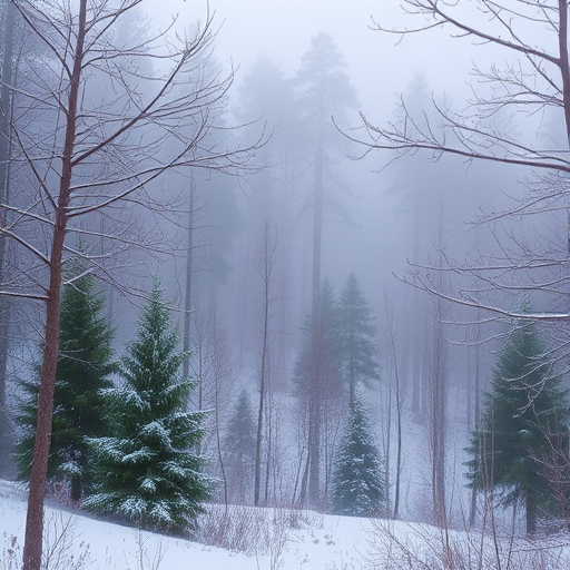 a wintry forest landscape covered in snow with mist rolling through the trees, showcasing a mix of evergreens and bare branches under a soft, foggy atmosphere