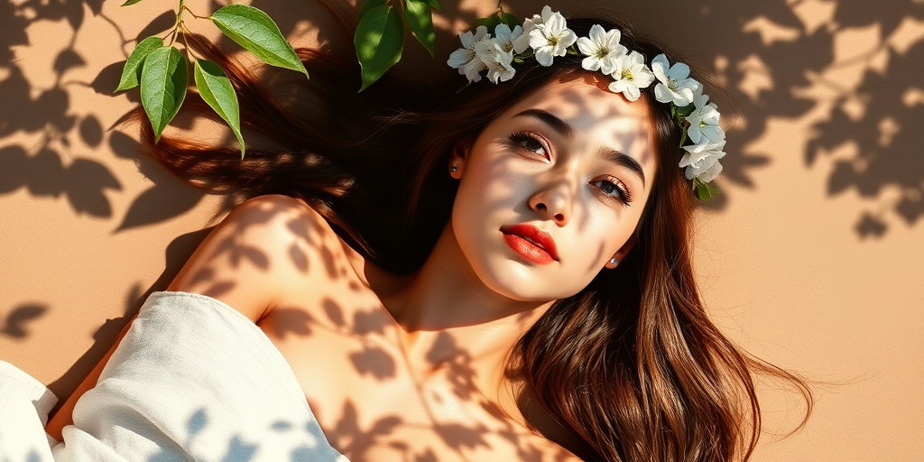 create a watercolor painting of an ethereal portrait of beautiful Turkmen woman with a simple white flower crown on her head. Her hair is long and she is lying on the ground. The sunlight on the trees casts shadows from the leaves on her face and body. The background is a neutral brown color that matches her skin tone. The image is minimalist and solid colors. This style is characterized by soft, delicate brushstrokes and a light, airy, contrasting color palette. High level of detail and play of light